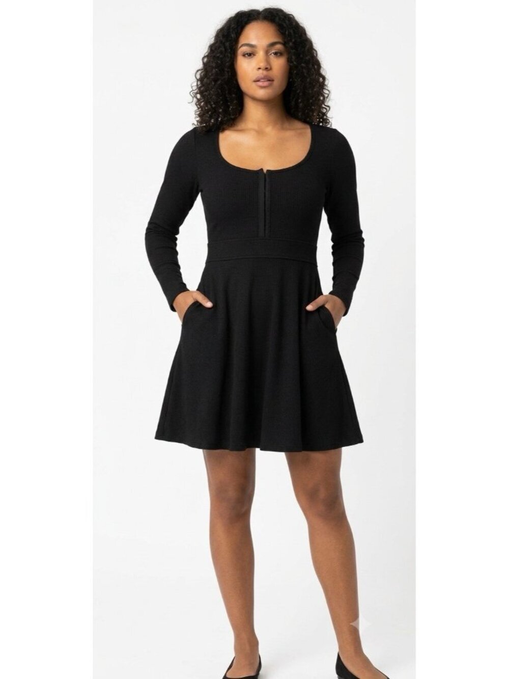 TORRID Mini Waffle Long Sleeve Skater Dress Solid Black Fit Flare 00 - M/L